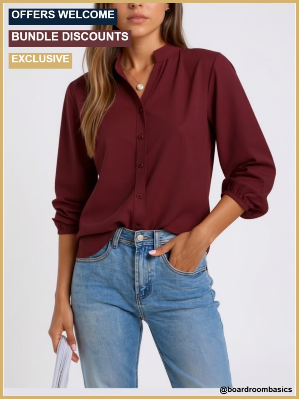 V Neck Long Sleeve Button Down Blouse with Split V Neck and Pleated Shoulders